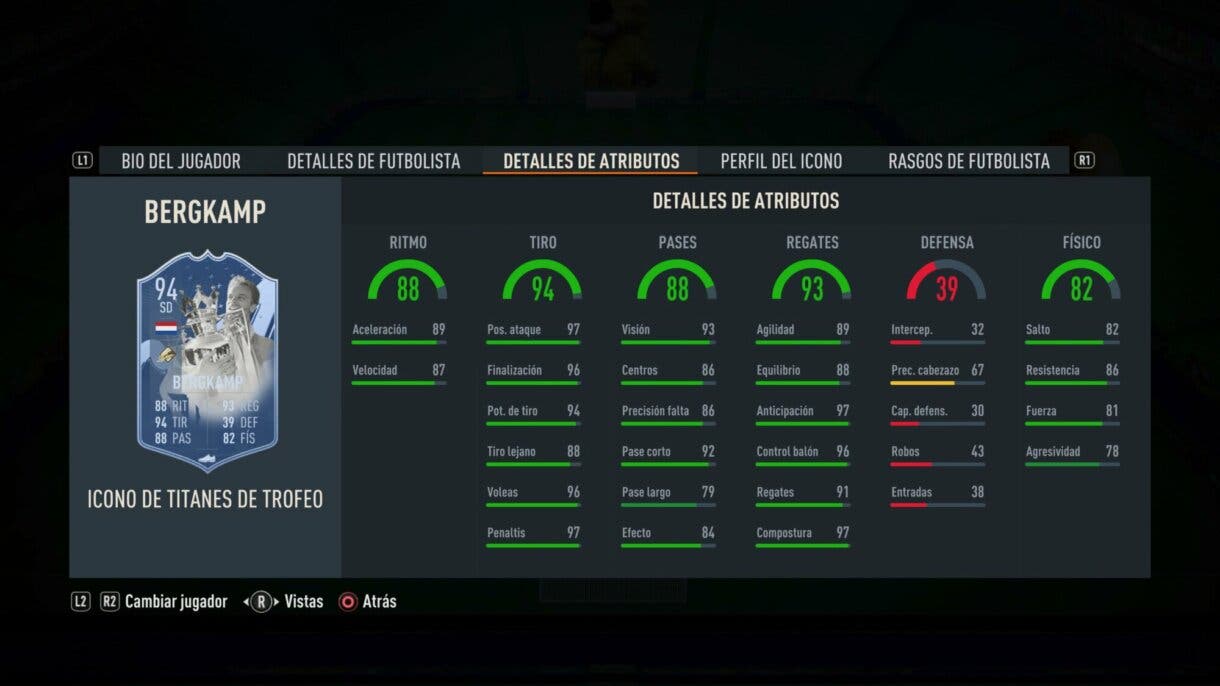 Stats in game Bergkamp Icono Trophy Titans FIFA 23 Ultimate Team