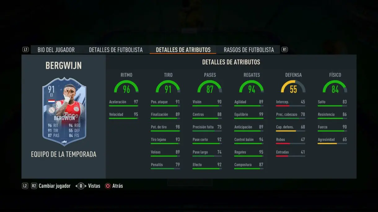 Stats in game Bergwijn TOTS FIFA 23 Ultimate Team