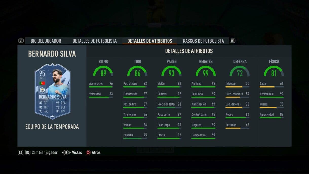 Stats in game Bernardo Silva TOTS FIFA 23 Ultimate Team
