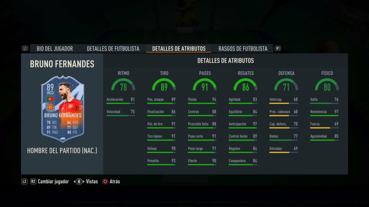 Stats in game Bruno Fernandes MOTM FIFA 23 Ultimate Team