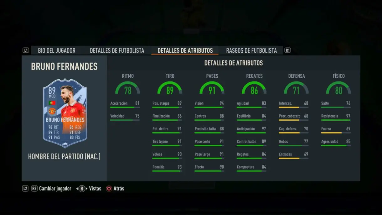 Stats in game Bruno Fernandes MOTM FIFA 23 Ultimate Team