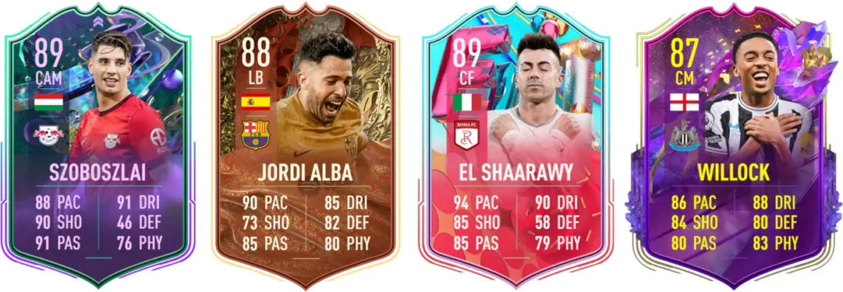 Cartas Szoboszlai Fantasy FUT, Alba Centurions, El Shaarawy FUT Birthday y Willock Future Stars FIFA 23 Ultimate Team