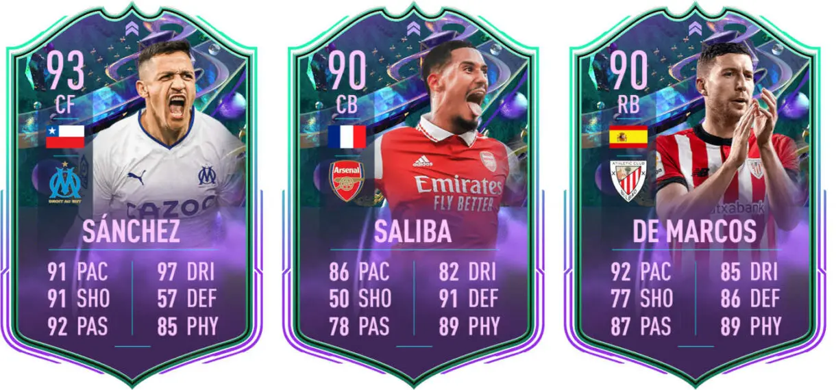 Cartas Fantasy FUT Alexis Sánchez, Saliba y De Marcos FIFA 23 Ultimate Team
