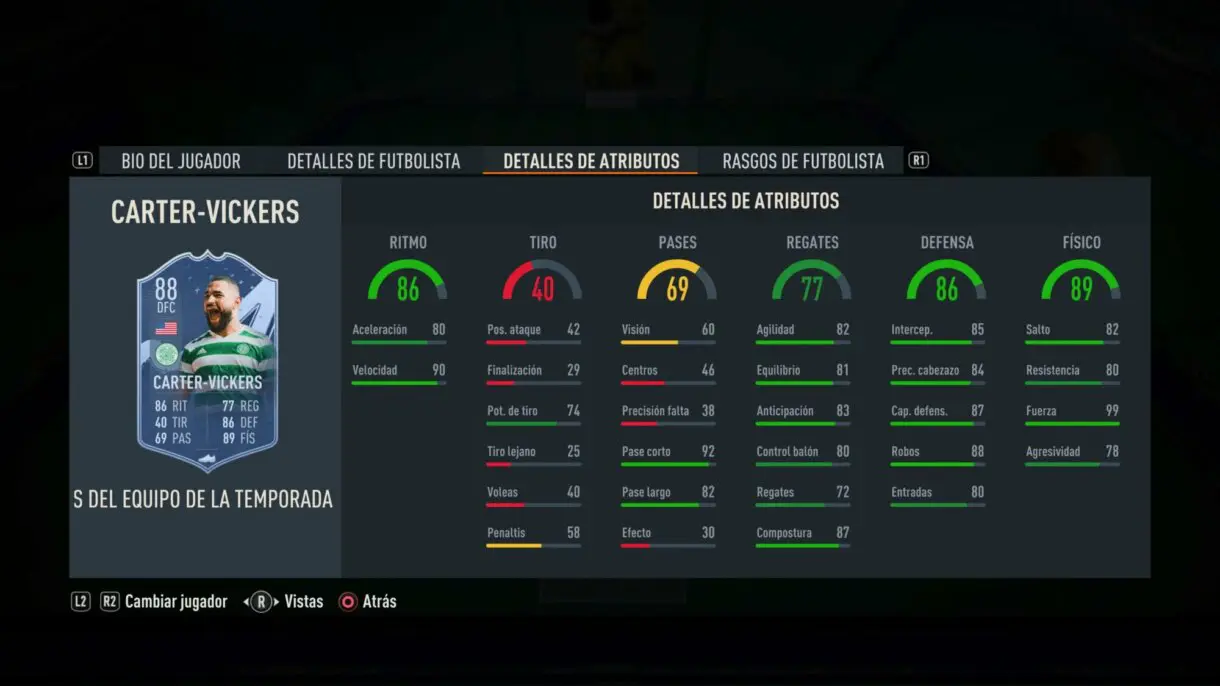 Stats in game Carter-Vickers TOTS Moments FIFA 23 Ultimate Team