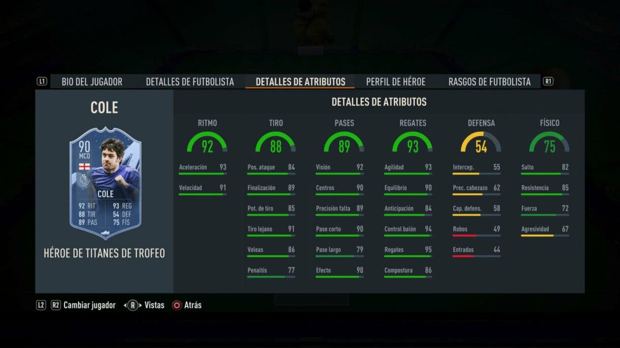 Stats in game Joe Cole FUT Heroes Trophy Titans FIFA 23 Ultimate Team