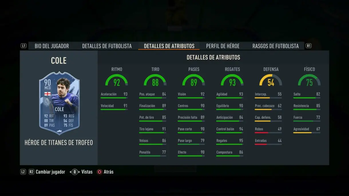 Stats in game Joe Cole FUT Heroes Trophy Titans FIFA 23 Ultimate Team
