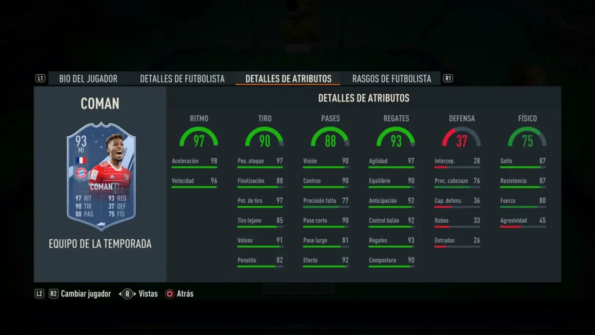 Stats in game Coman TOTS FIFA 23 Ultimate Team