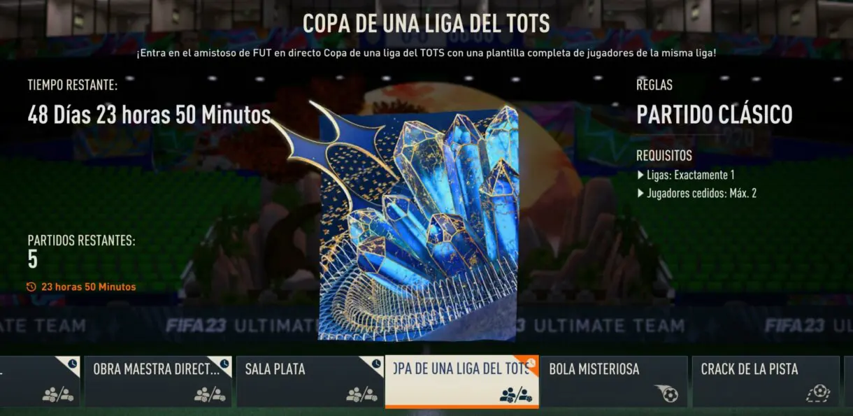 Menú amistosos online FIFA 23 Ultimate Team con la información de Copa de una liga del TOTS