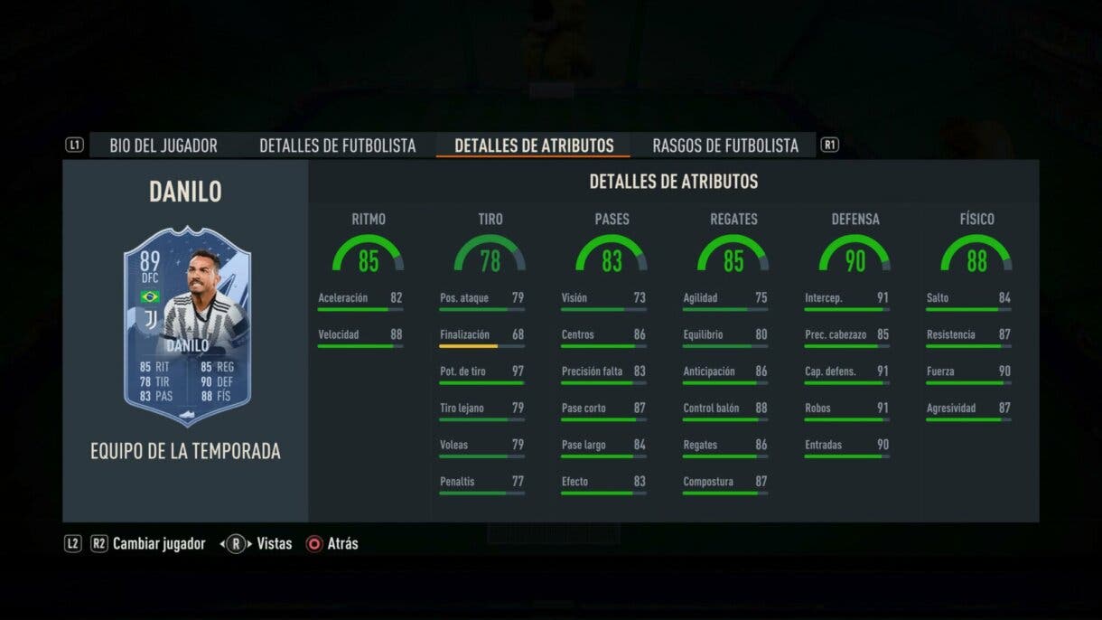Stats in game Danilo TOTS FIFA 23 Ultimate Team
