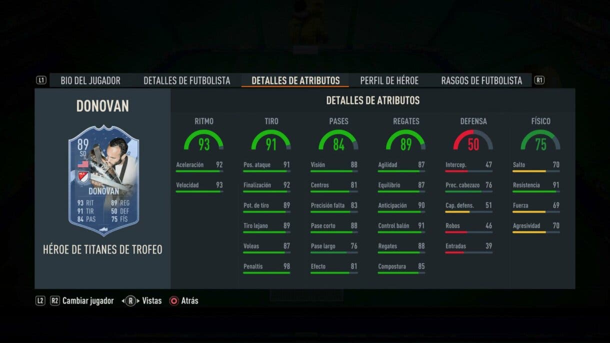 Stats in game Donovan FUT Heroes Trophy Titans FIFA 23 Ultimate Team