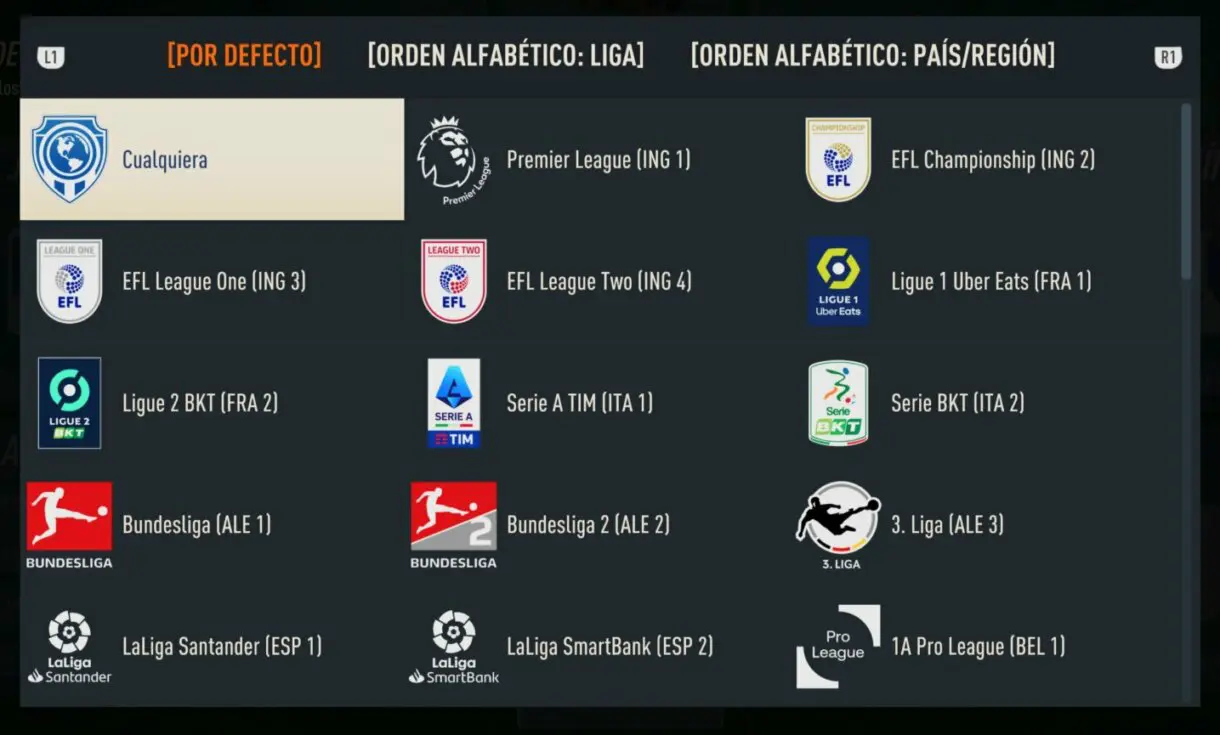 Menú de ligas desde el creador de plantillas FIFA 23 Ultimate Team