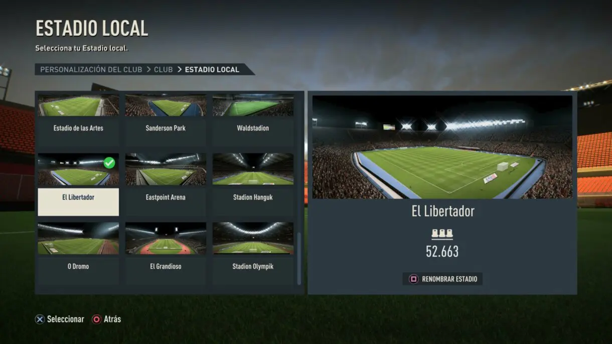 Menú para seleccionar estadio FIFA 23 Modo Carrera.