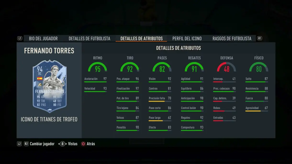 Stats in game Fernando Torres Icono Trophy Titans FIFA 23 Ultimate Team