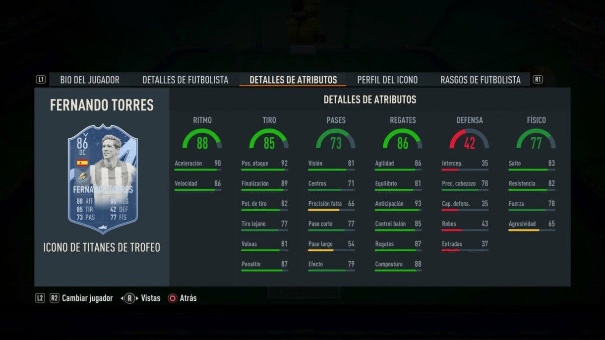 Stats in game Fernando Torres Icono Trophy Titans junior FIFA 23 Ultimate Team