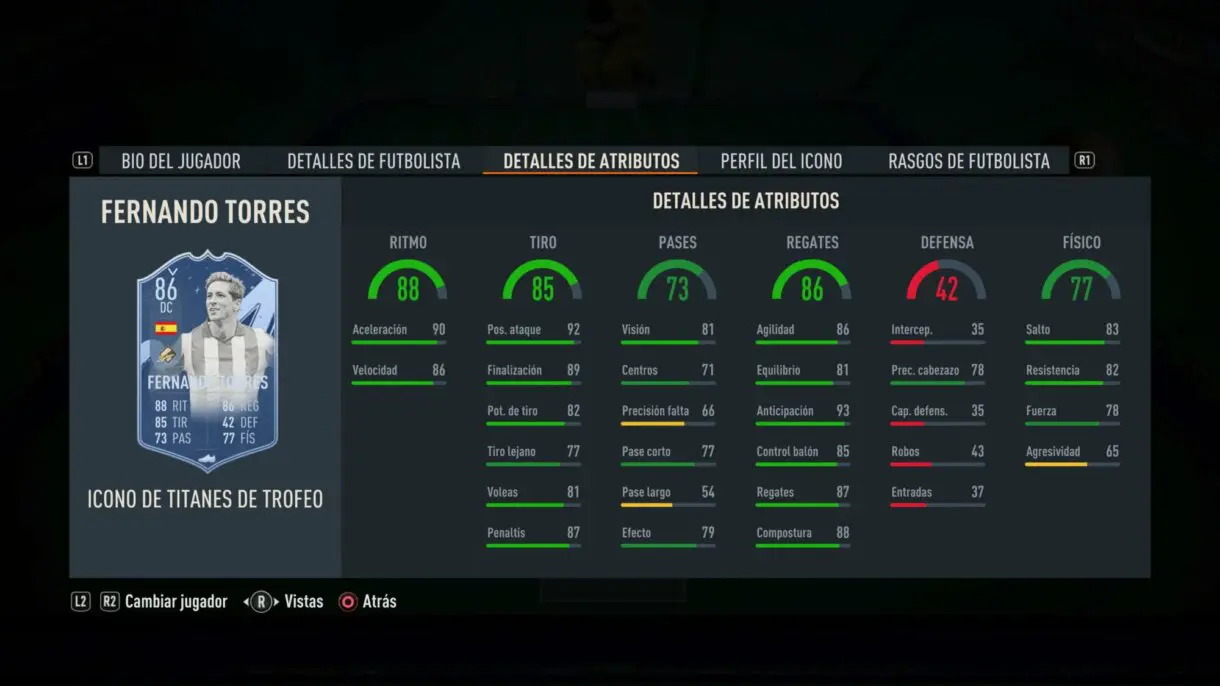 Stats in game Fernando Torres Icono Trophy Titans junior FIFA 23 Ultimate Team
