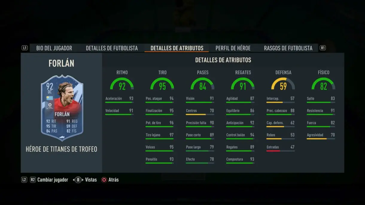 Stats in game Forlán FUT Heroes Trophy Titans FIFA 23 Ultimate Team