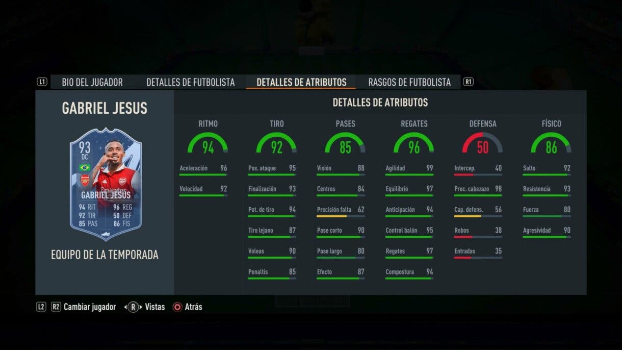 Stats in game Gabriel Jesús TOTS FIFA 23 Ultimate Team