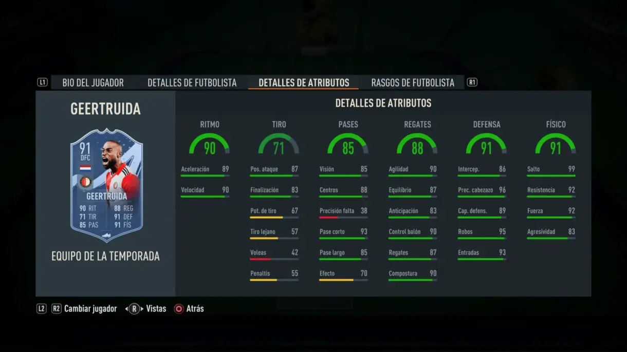Stats in game Geertruida TOTS FIFA 23 Ultimate Team