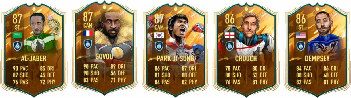 Cartas Héroes de la Copa Mundial Al Jaber, Govou, Park Ji-Sung, Crouch y Dempsey FIFA 23 Ultimate Team