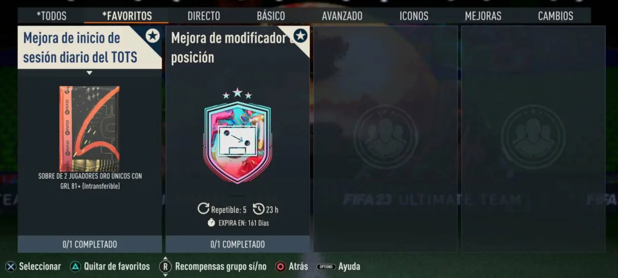 Menú de SBC´s Favoritos FIFA 23 Ultimate Team mostrando la Mejora de inicio de sesión diario del TOTS 
