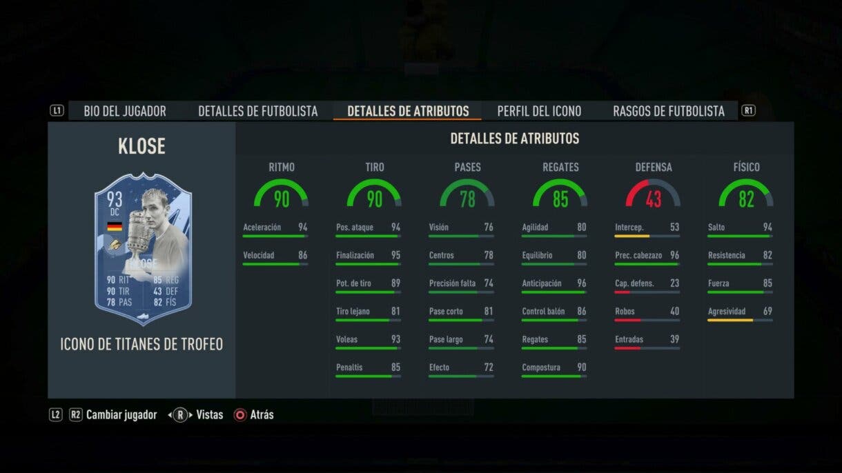 Stats in game Klose Icono Trophy Titans FIFA 23 Ultimate Team
