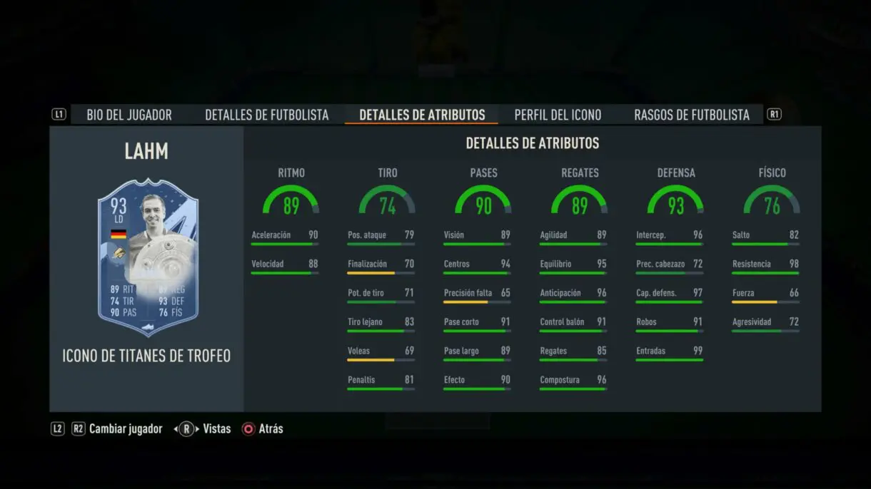 Stats in game Lahm Icono Trophy Titans FIFA 23 Ultimate Team