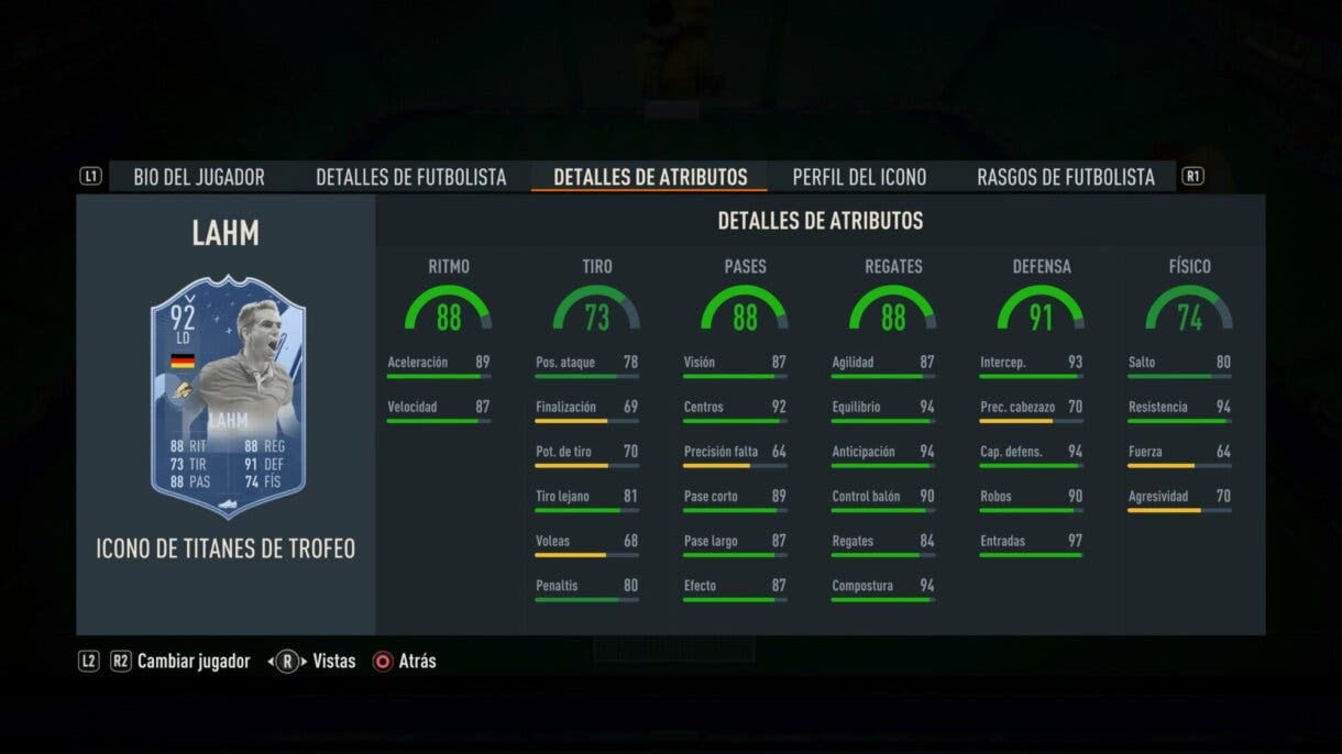 Stats in game Lahm Icono Trophy Titans junior FIFA 23 Ultimate Team