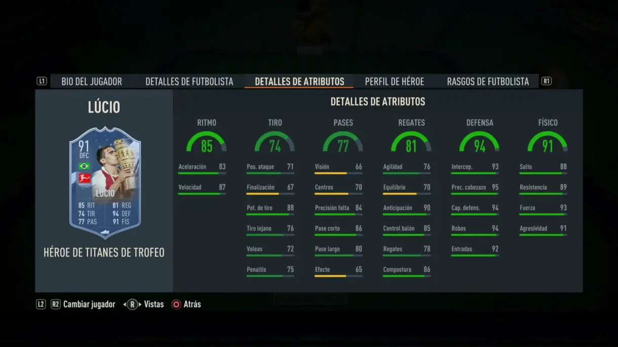 Stats in game Lúcio FUT Heroes Trophy Titans FIFA 23 Ultimate Team