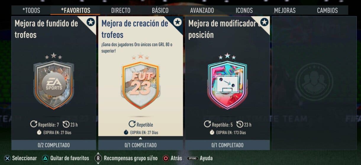 Menú SBC´s Favoritos FIFA 23 Ultimate Team mostrando las nuevas mejoras de trofeos