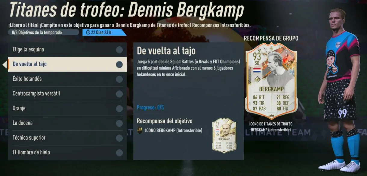 Objetivos de Bergkamp Icono Trophy Titans junior desde el menú de FIFA 23 Ultimate Team