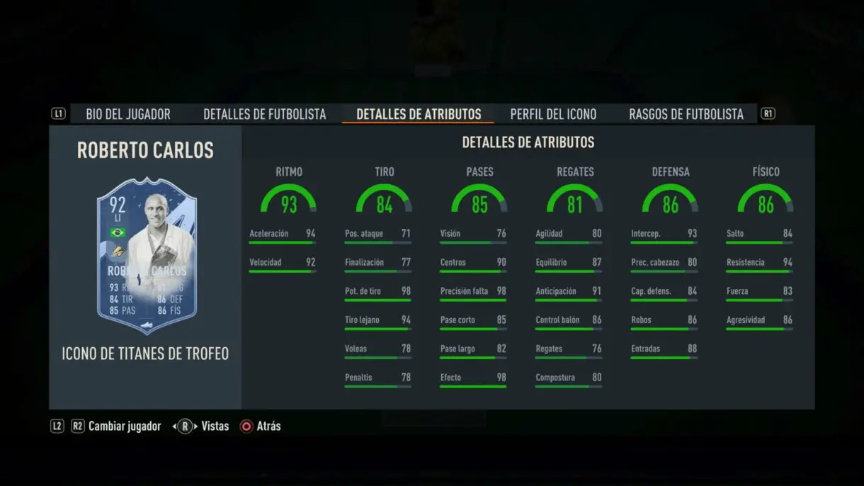 Stats in game Roberto Carlos Icono Trophy Titans FIFA 23 Ultimate Team