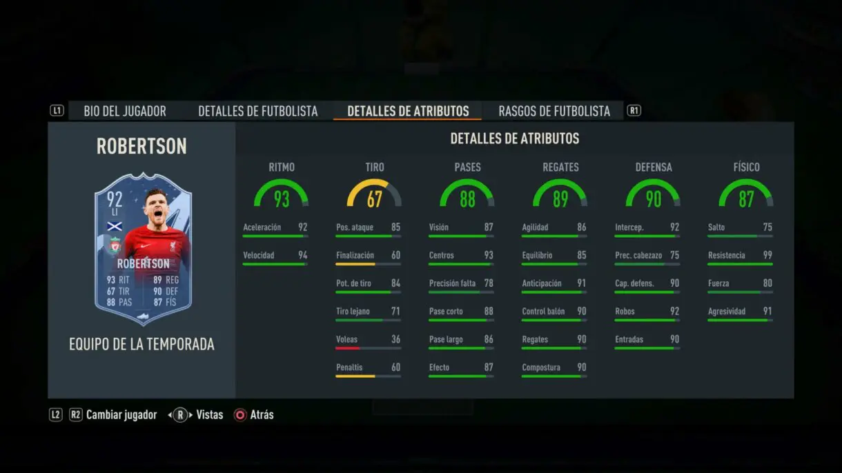Stats in game Robertson TOTS FIFA 23 Ultimate Team
