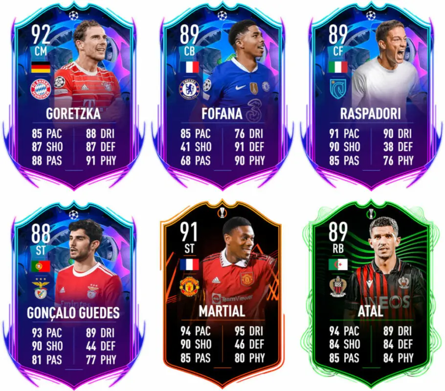 Cartas RTTF Goretzka, Fofana, Raspadori, Guedes, Martial y Atal FIFA 23 Ultimate Team