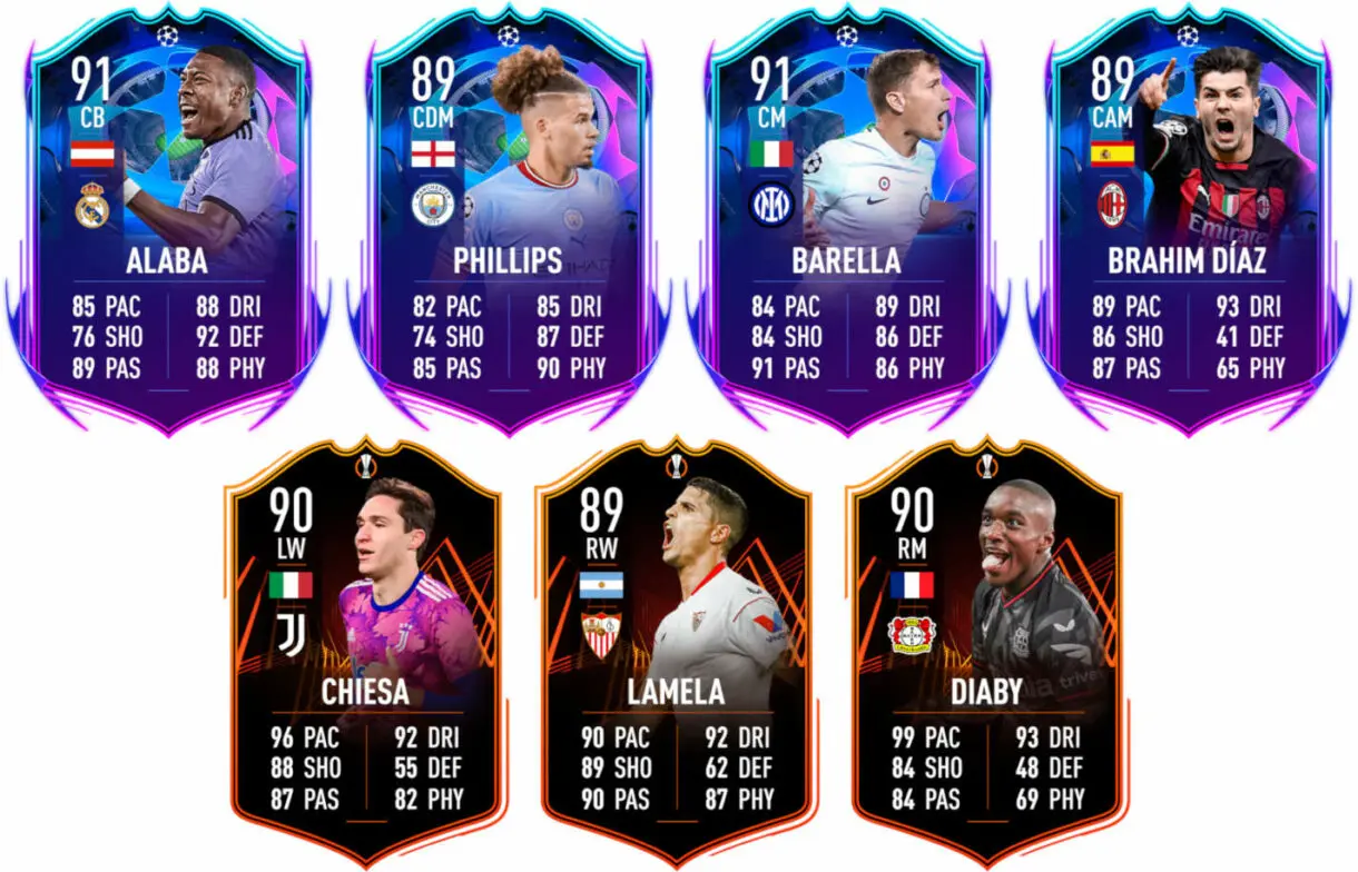 Cartas RTTF Alaba, Phillips, Barella, Brahim, Chiesa, Lamela y Diaby FIFA 23 Ultimate Team
