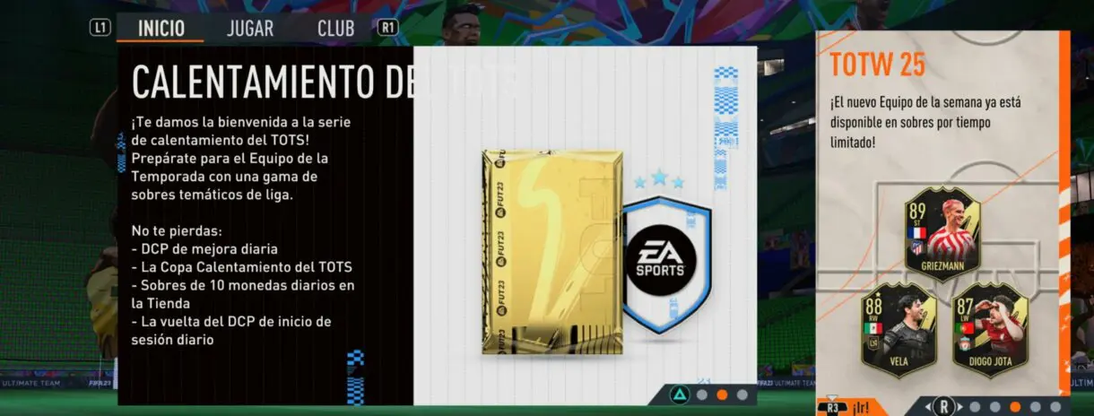 Mensaje sobre el contenido del calentamiento del TOTS desde el menú de FIFA 23 Ultimate Team