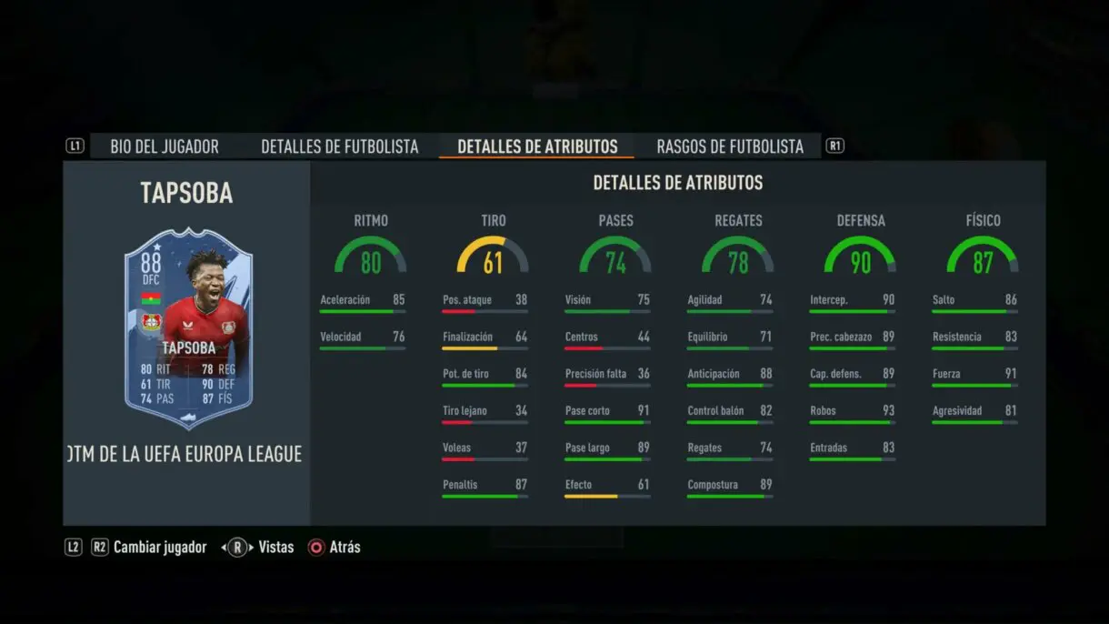 Stats in game Tapsoba MOTM FIFA 23 Ultimate Team