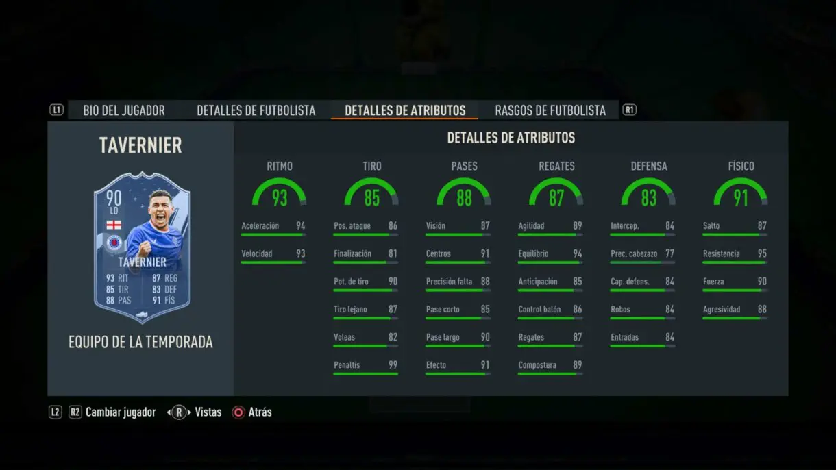 Stats in game Tavernier TOTS FIFA 23 Ultimate Team