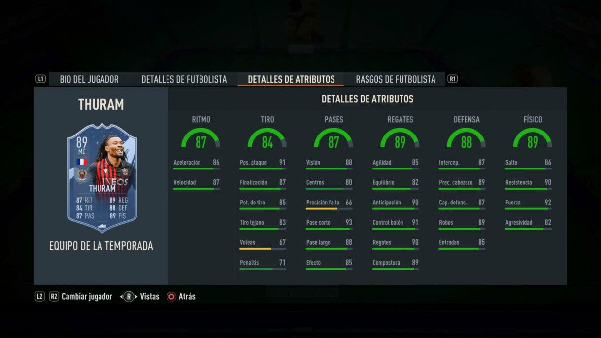 Stats in game Thuram TOTS FIFA 23 Ultimate Team