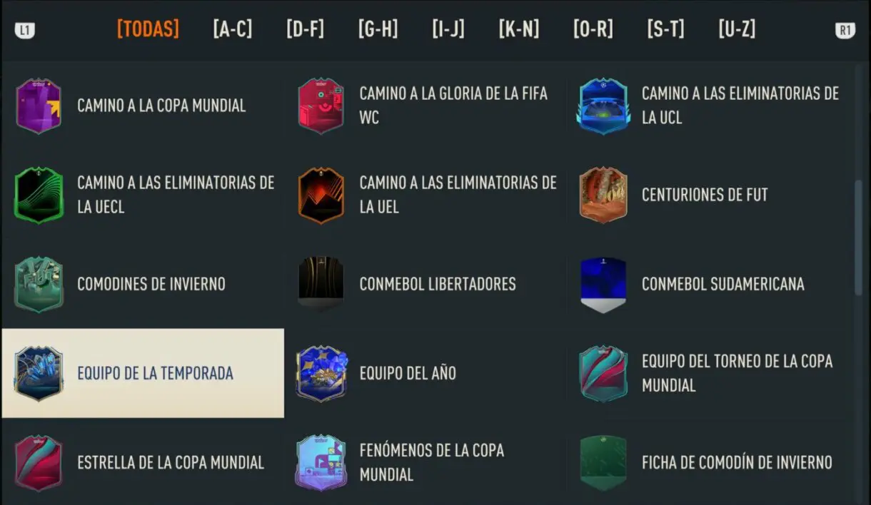Tipos de cartas de FIFA 23 Ultimate Team desde el menú