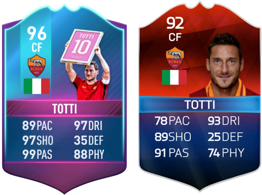 Cartas Ultimate Team Totti Fin de Una Era (FIFA 17) y TOTT (FIFA 16)