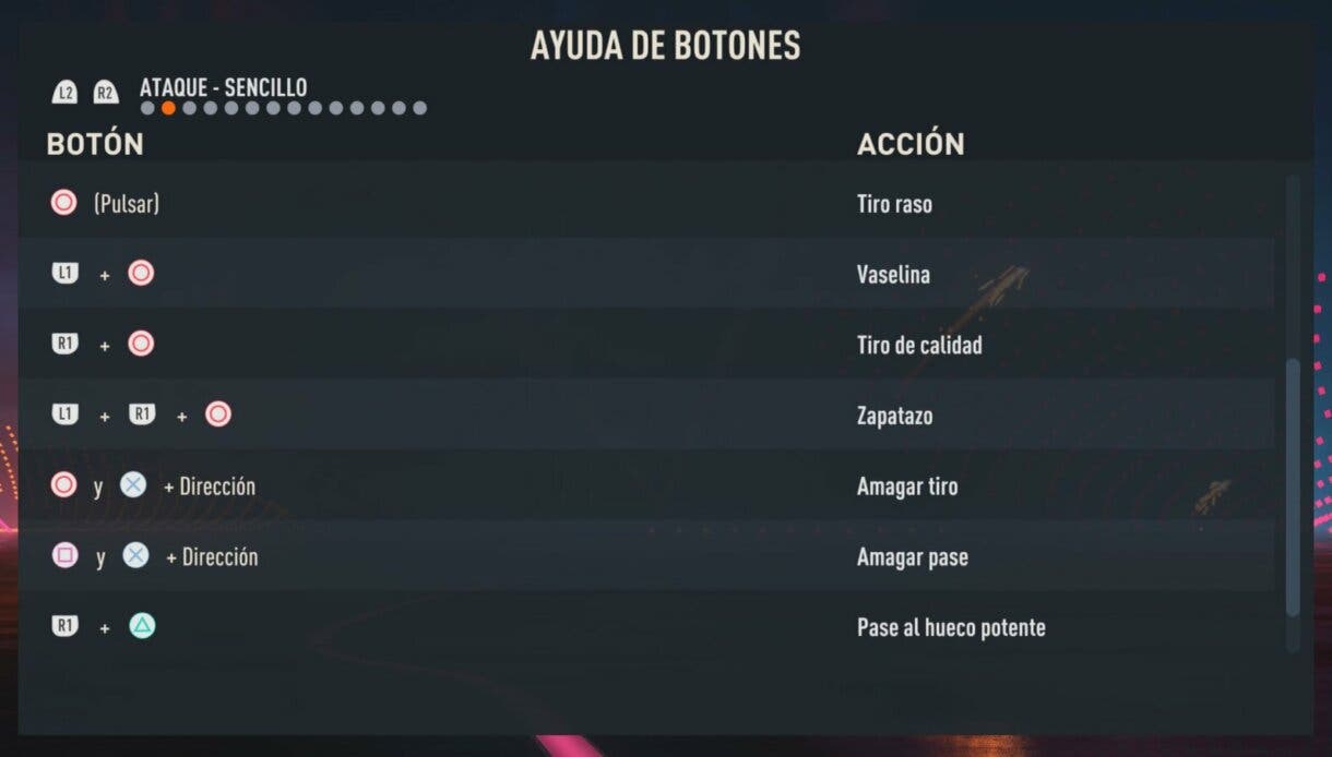 Menú FIFA 23 mostrando algunos comandos de lanzamientos que aparecen en Ayuda de botones (entre ellos el de "Zapatazo")