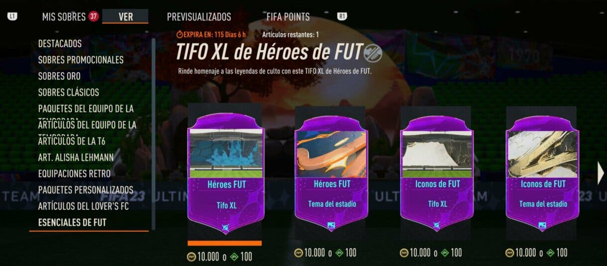 Tienda FIFA 23 Ultimate Team en el apartado de Esenciales de FUT