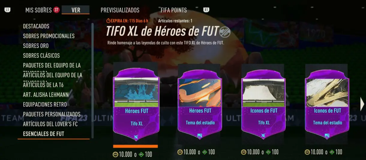 Tienda FIFA 23 Ultimate Team en el apartado de Esenciales de FUT