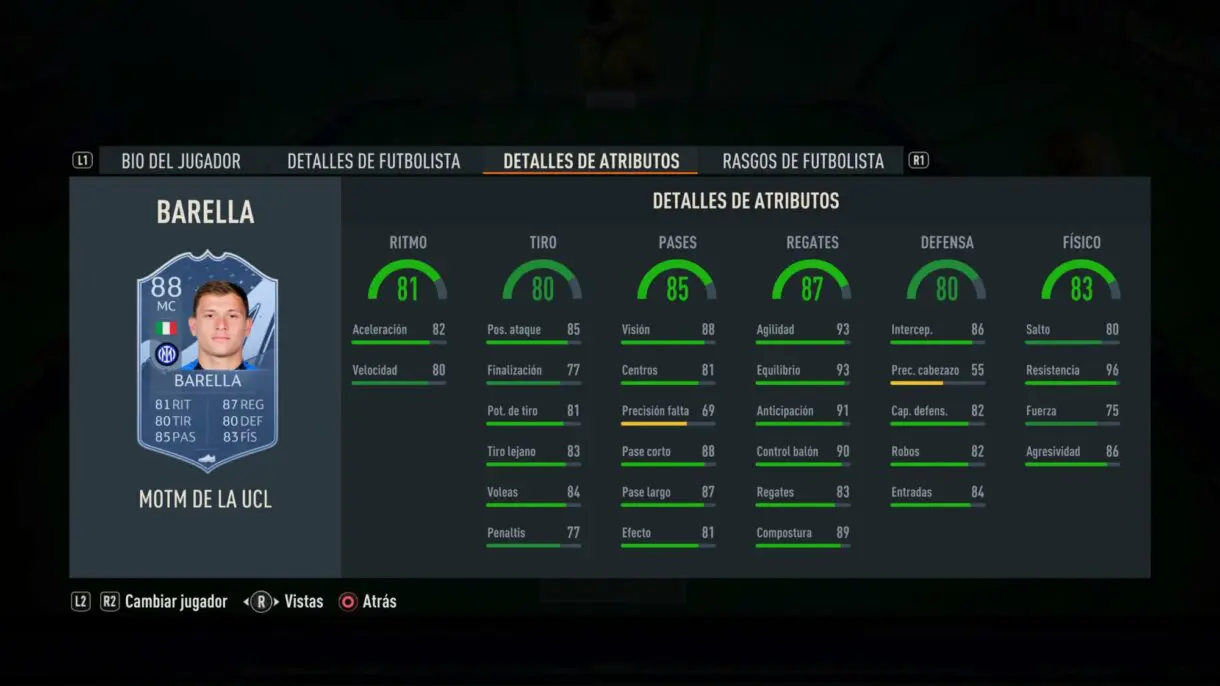 Stats in game Barella MOTM FIFA 23 Ultimate Team