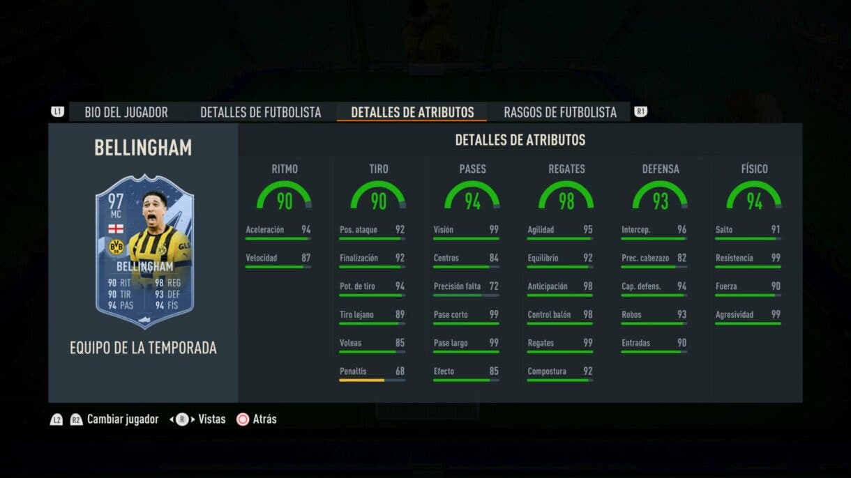 Stats in game Bellingham TOTS FIFA 23 Ultimate Team