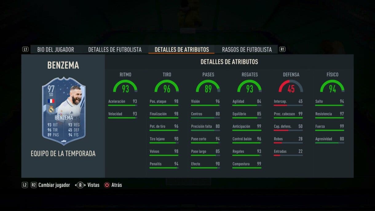Stats in game Benzema TOTS FIFA 23 Ultimate Team
