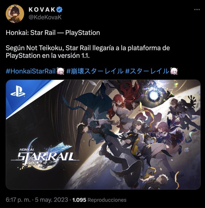 Tweet de Kovak sobre el lanzamiento de Honkai: Star Rail en PS4 y PS5