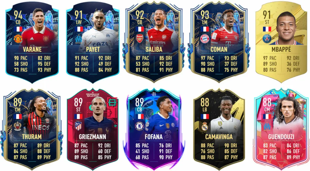 Ejemplos cartas competitivas Francia FIFA 23 Ultimate Team