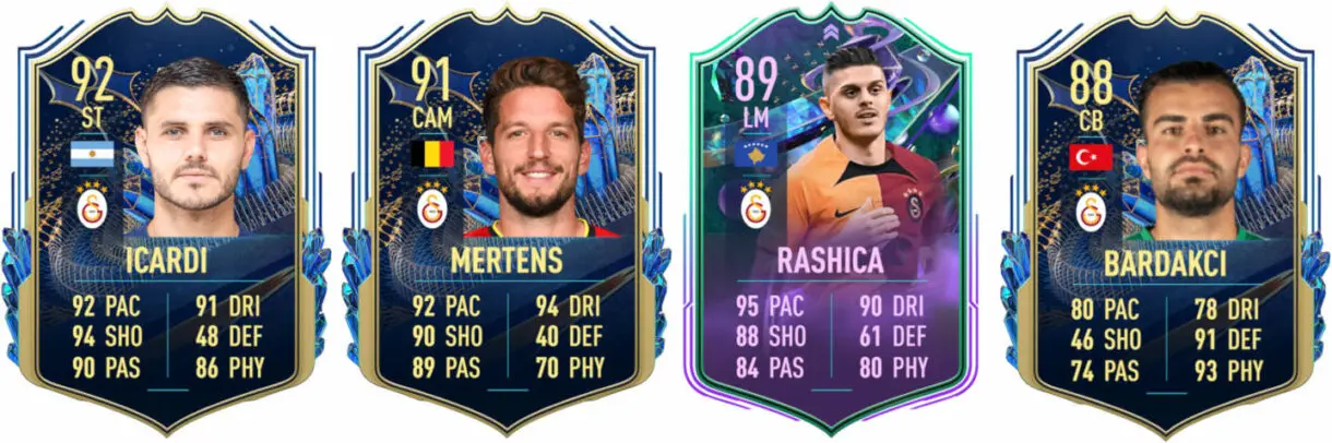 Cartas TOTS Icardi, Mertens y Bardakci y Fantasy FUT de Rashica (Galatasaray) FIFA 23 Ultimate Team
