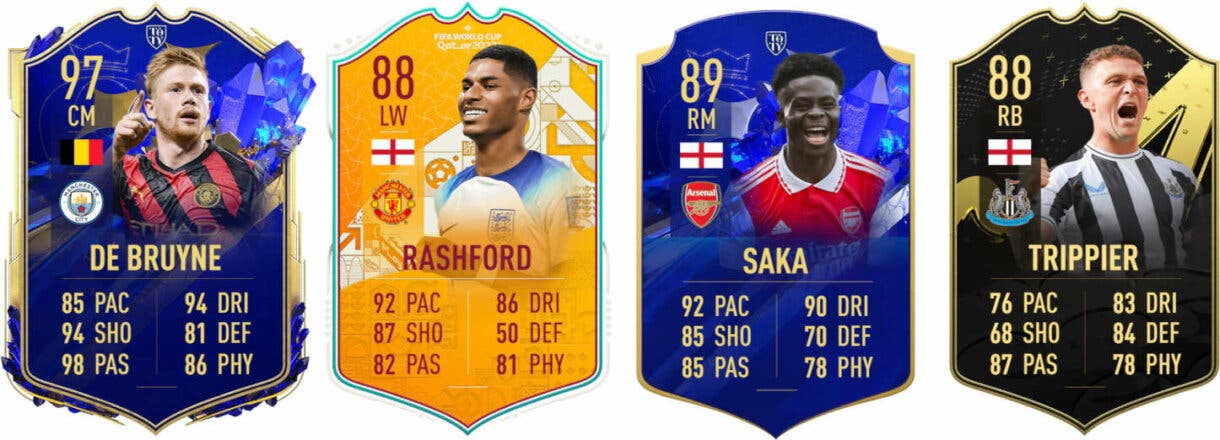 Cartas con más media FIFA 23 Ultimate Team de Rashford, De Bruyne, Saka y Trippier.